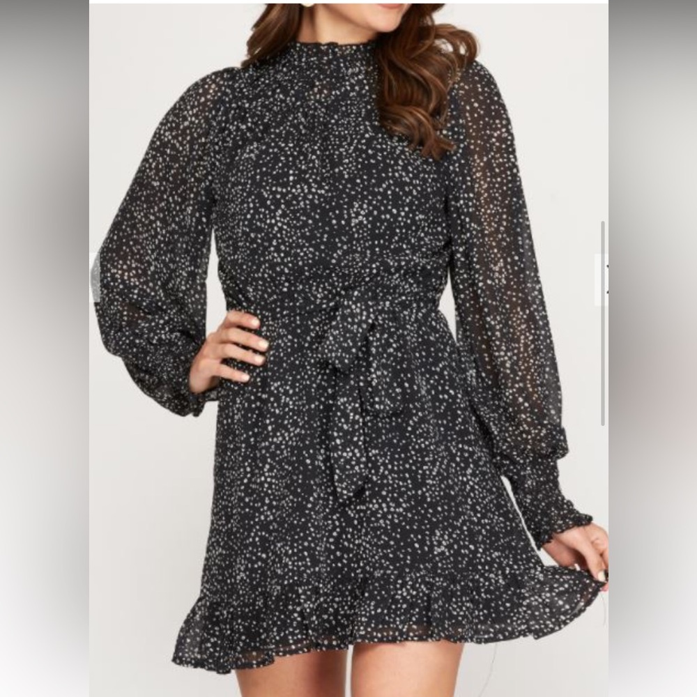 Black Dressy Sheer Sleeve High Neck Belted Dress